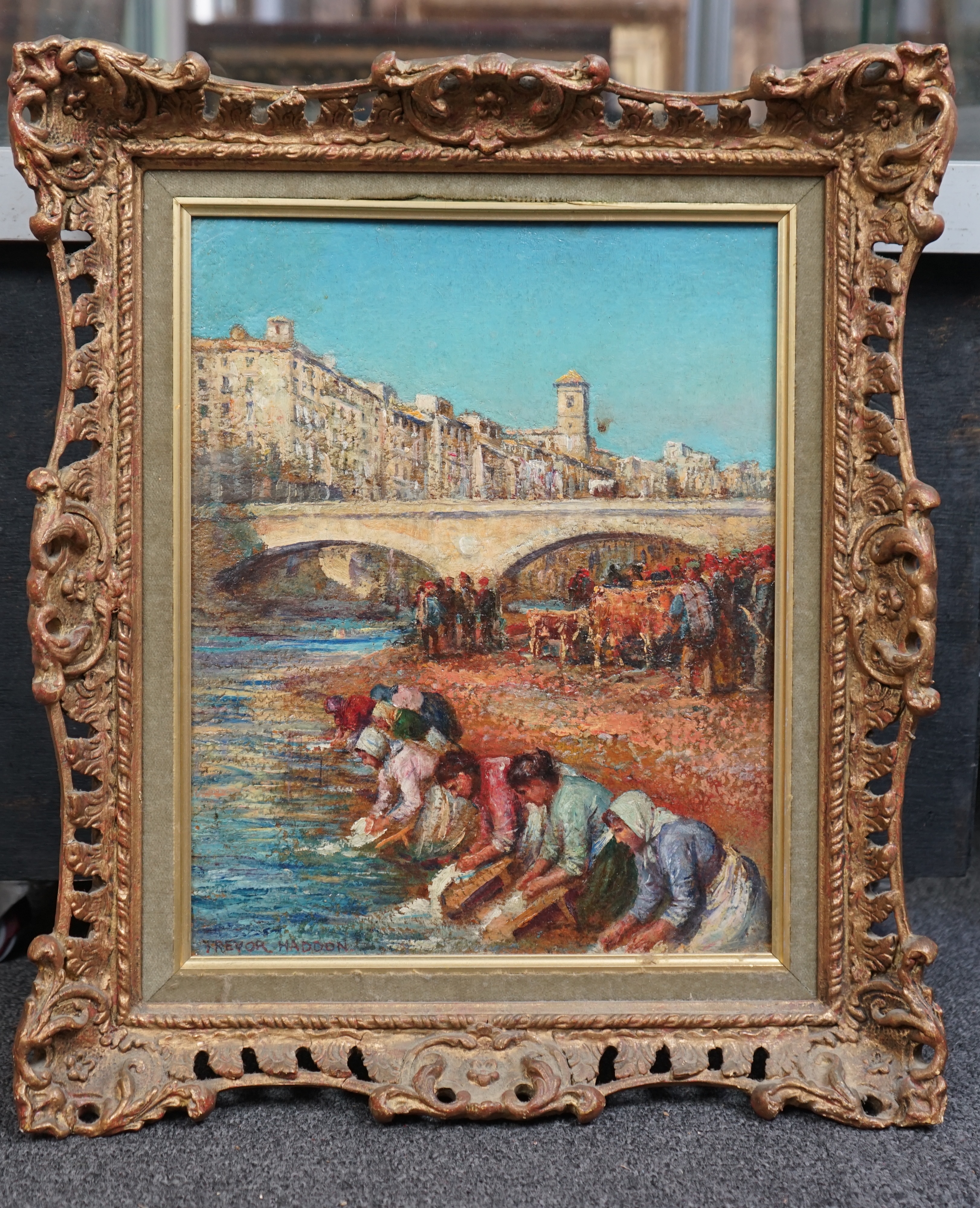 Arthur Trevor Haddon (British, 1864-1941), oil n board, 'Women washing, Gerona', signed, 32.5 x 26cm. Condition - fair